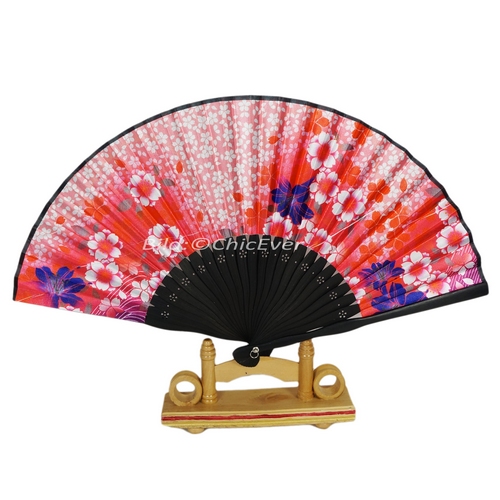 Fächer Handfächer aus Bambus & Seide schwarz rosa rot blau Blumen Handarbeit 6635 - zum Schließen ins Bild klicken